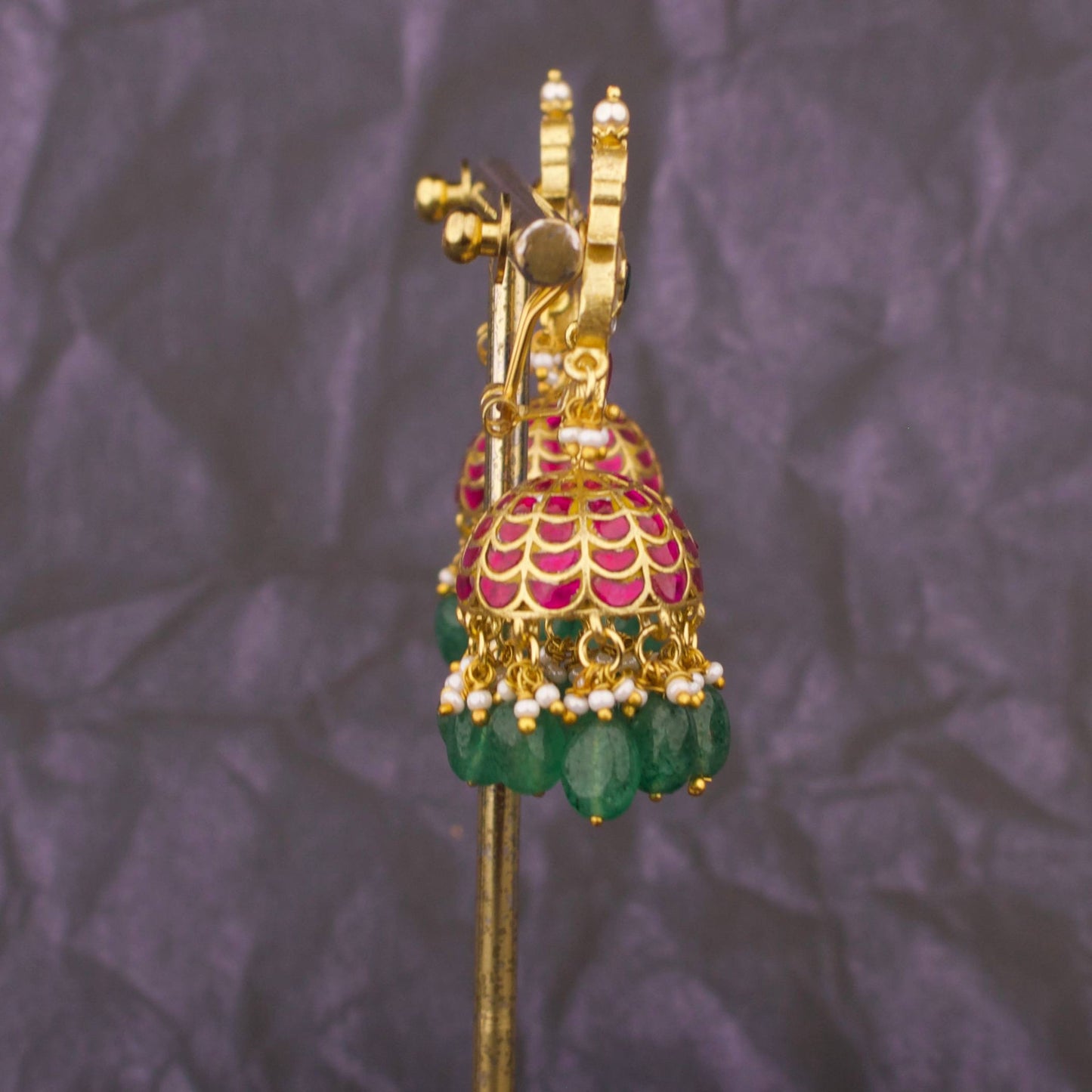 Royal Jadau Kundan Jhumki Earrings With Emerald Green Beads