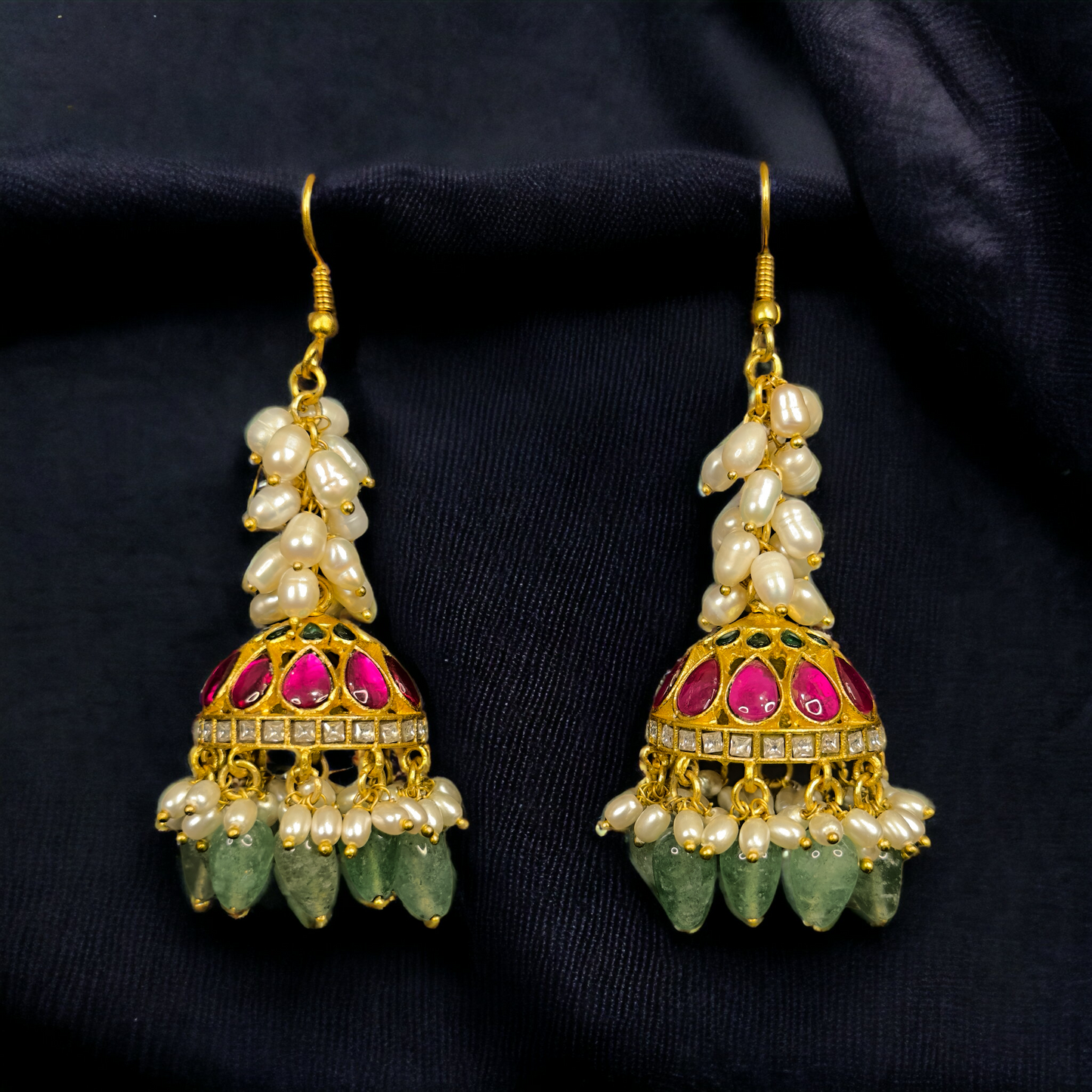 Alluring Hook Jadau Kundan Jhumkas with rice pearls and Beads - DULHAN JEWELS