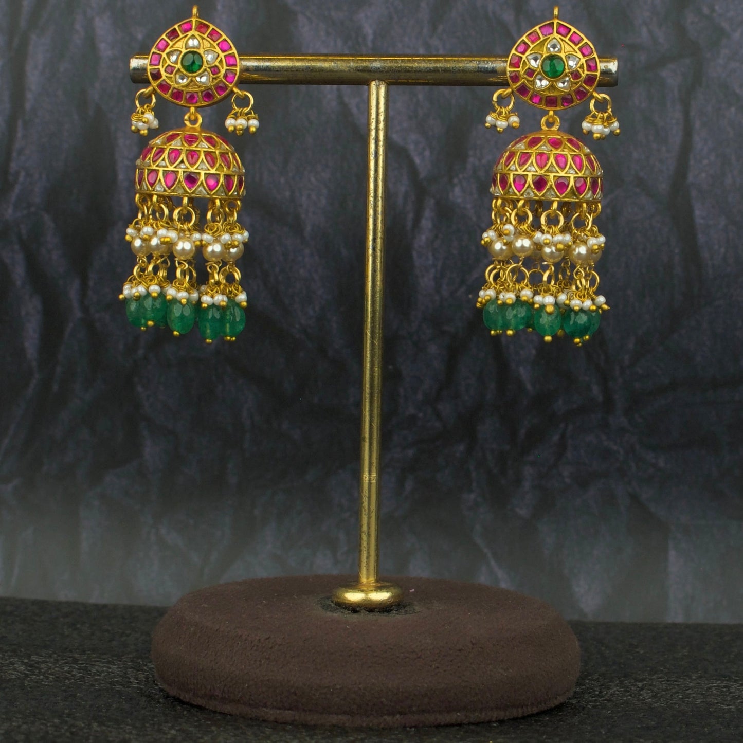 Charming Jadau Kundan Jhumki With Swarovski Pearl & Beads Hanging - DULHAN JEWELS
