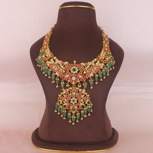 Peacock Design Jadau Kundan Necklace With Beads Hangings