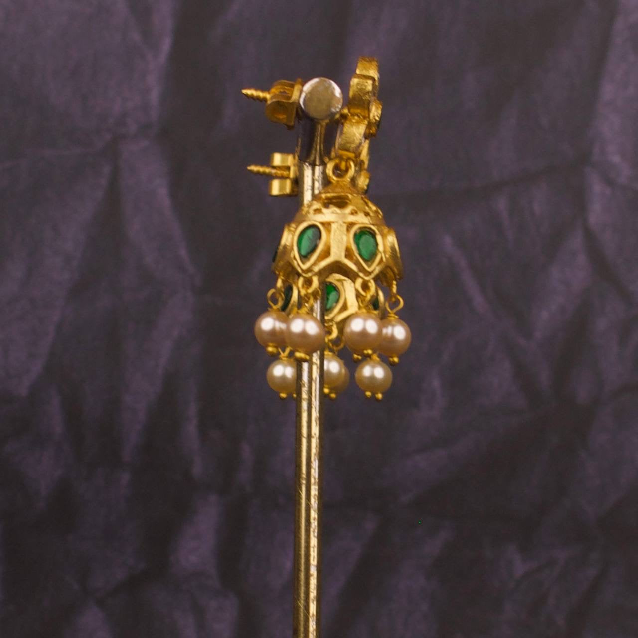 Floral Studded Small Sized Jadau Kundan Jhumki With Pearl Hangings