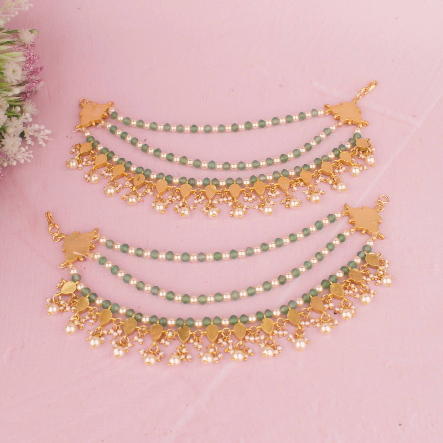 Bridal Ruby Pearl Ear Chain With Multi-Strand Green Beads