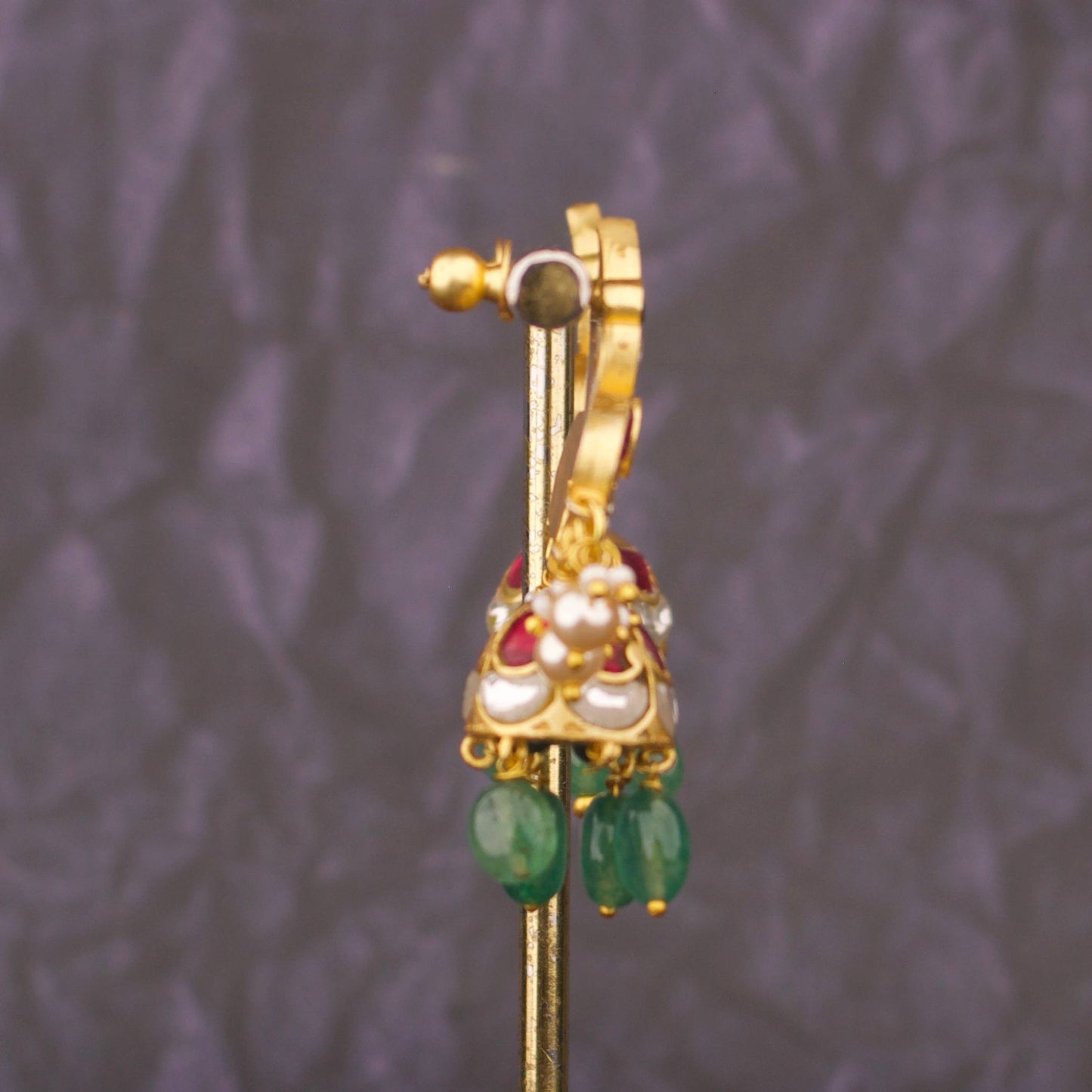 Designer Gold Finish Jadau Jhumki With Emerald Beads