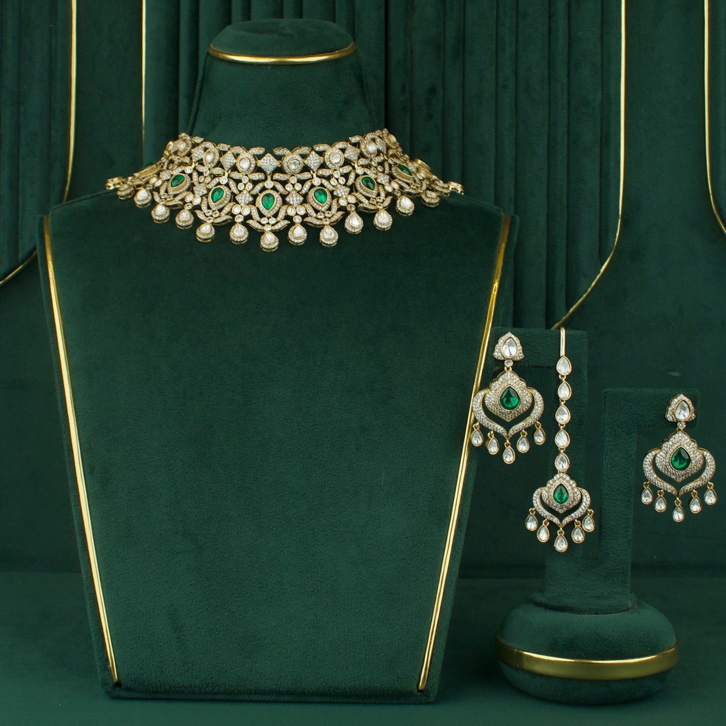 Traditional Polki Mehandi Victorian Choker Set With Matching Earrings And Maangtika