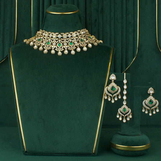 Traditional Polki Mehandi Victorian Choker Set With Matching Earrings And Maangtika