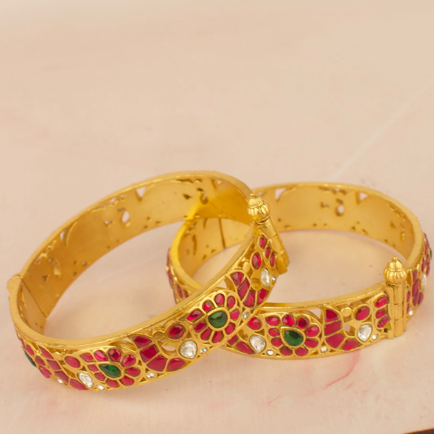 Gold Style Floral Peacock Design Jadau Kundan Bangles