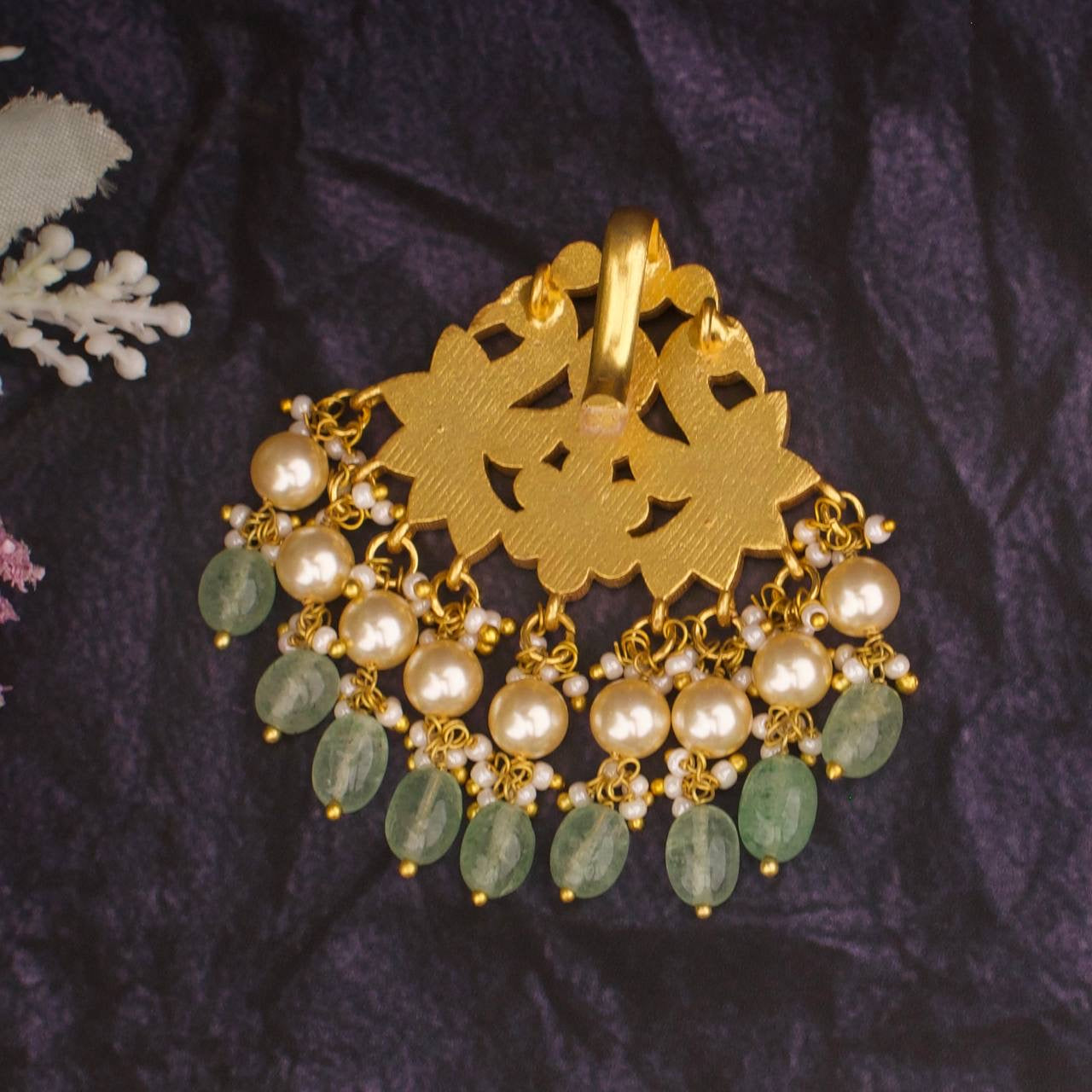 Cute Small Sized Jadau Kundan Pendant With Pearl & Bead Hangings