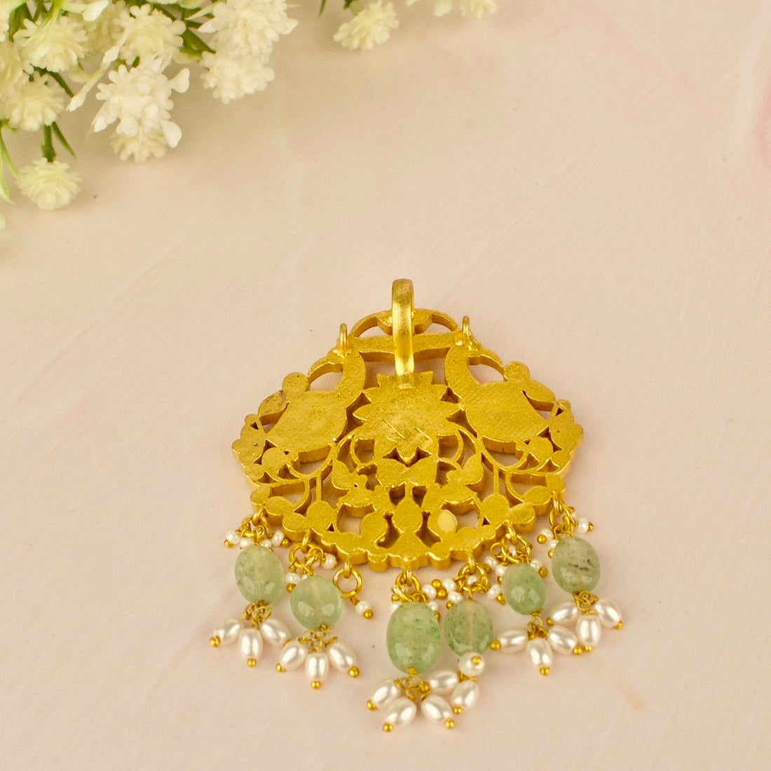 Gold Inspired Jadau Kundan Pendant With Bead & Pearl Hanging