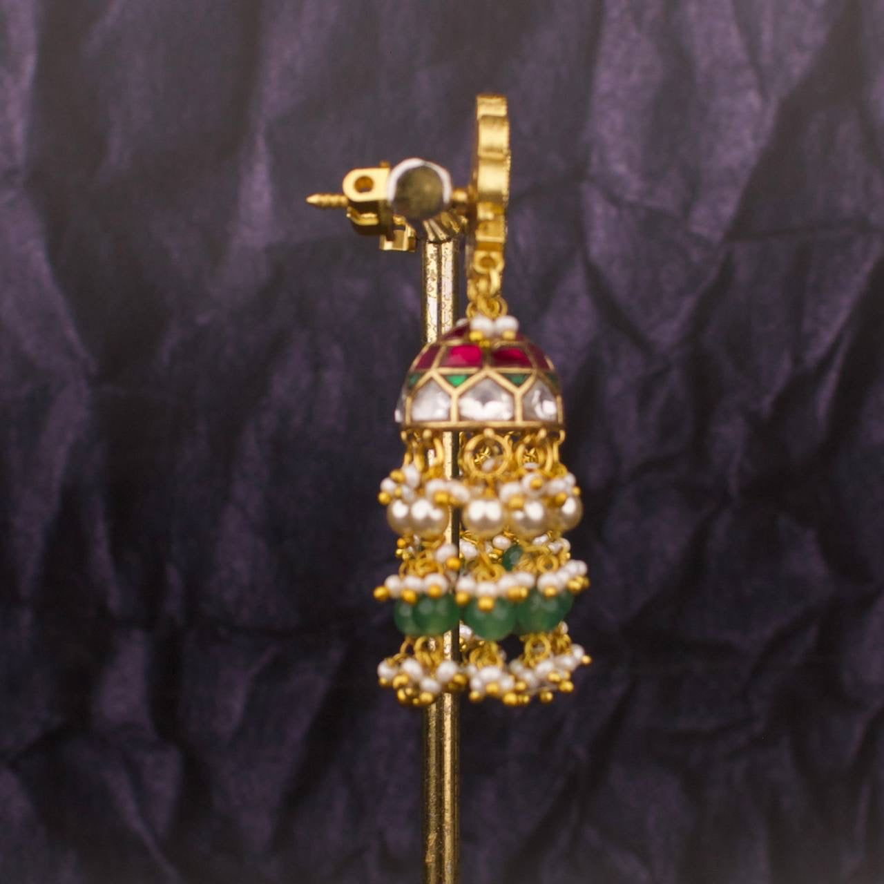Unique Jadau Kundan Jhumki With Pearl, Beads Guttapusalu Hangings