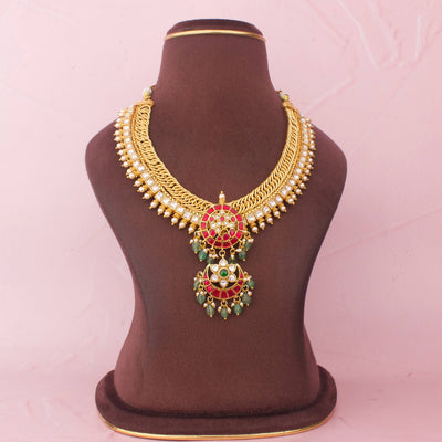 Traditional Jalebi Jadau Kundan Necklace With Emerald Beads
