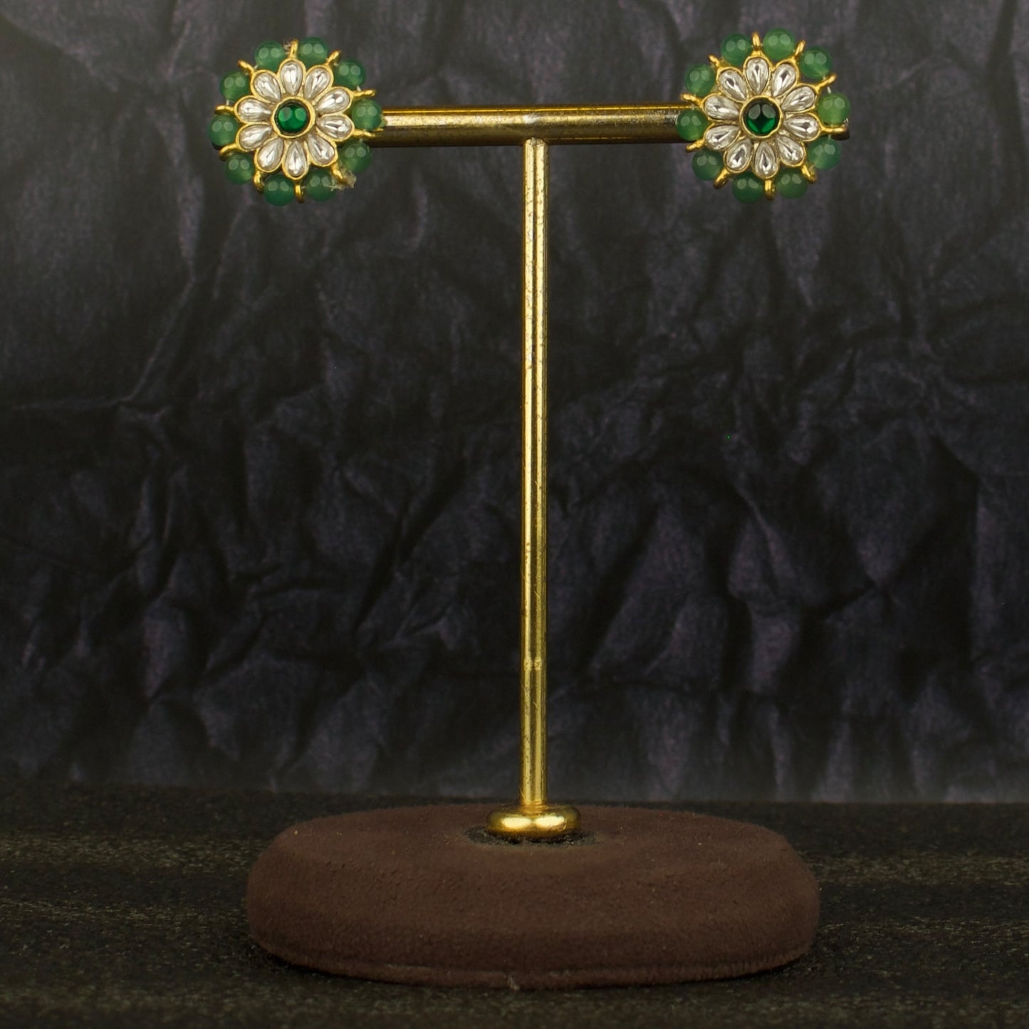 Lavish Design Jadau Kundan Studs With Green Beads Bordering