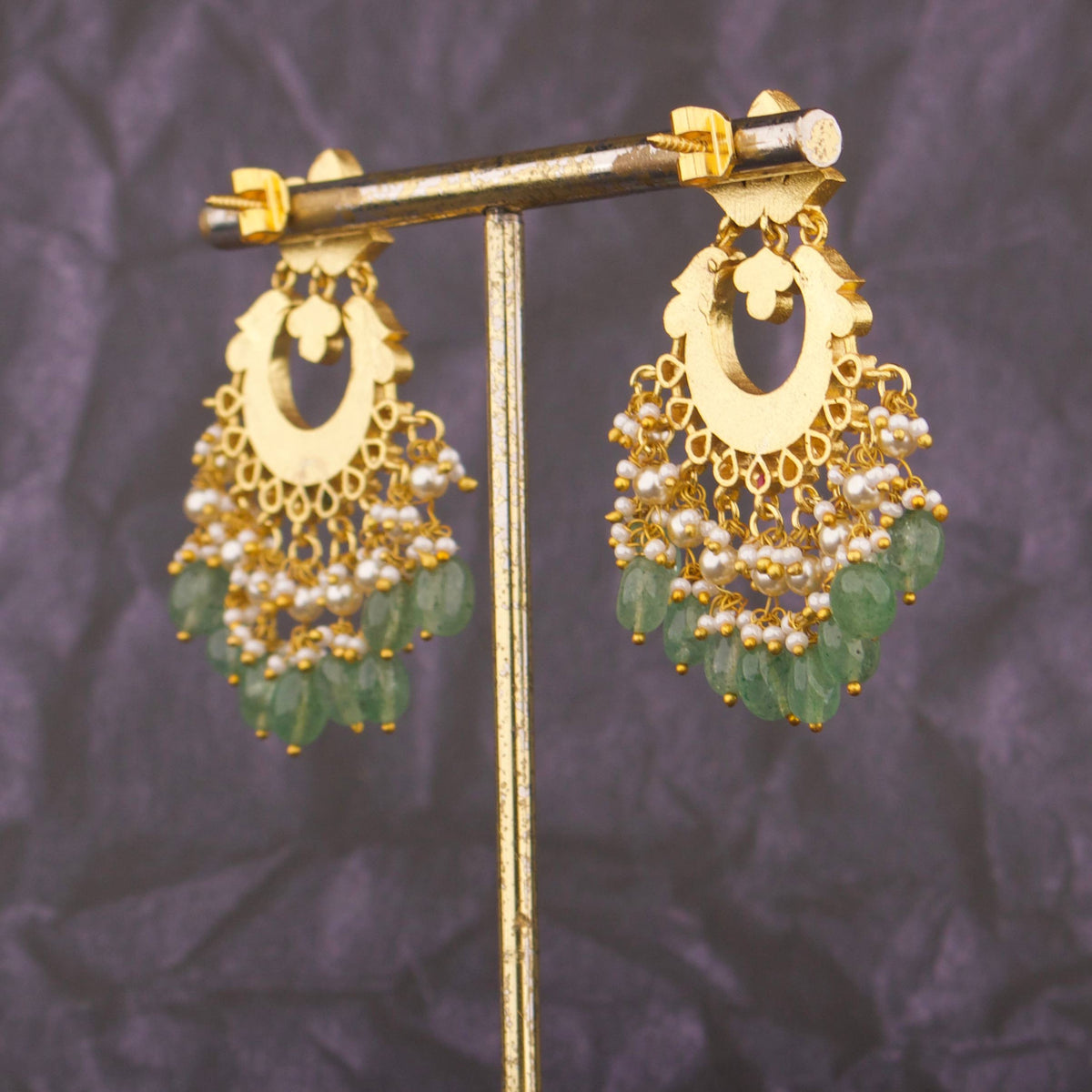 Classic Chandbali Earrings With Green Bead Hangings