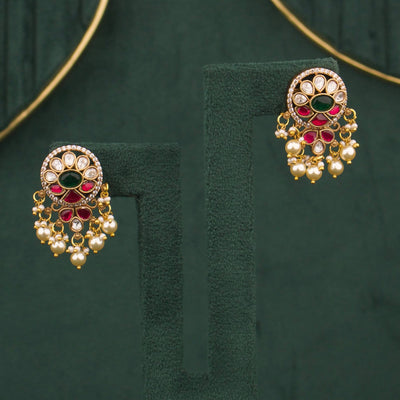 Ethnic Ruby Victorian Stud Earrings With Pearl Drops