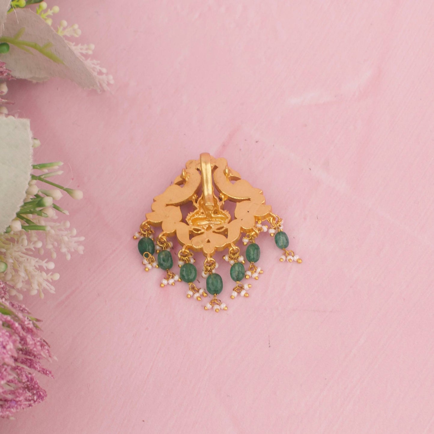 Radiant Lakshmi Devi Pendant With Emerald Beads