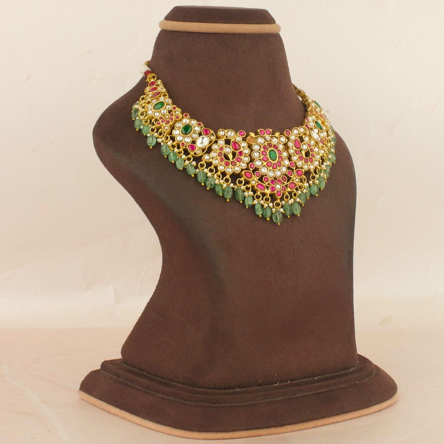 Grand floral Peacock Design Jadau Kundan Short Necklace with Green Beads