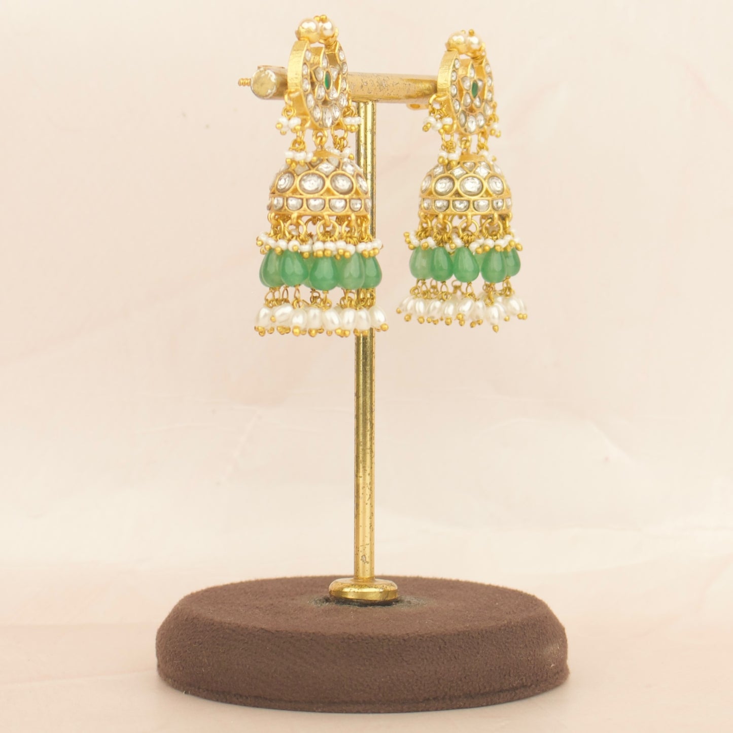 Chandbali Studded Jadau Kundan Jhumki With Green Beads & White Pearl Hanging