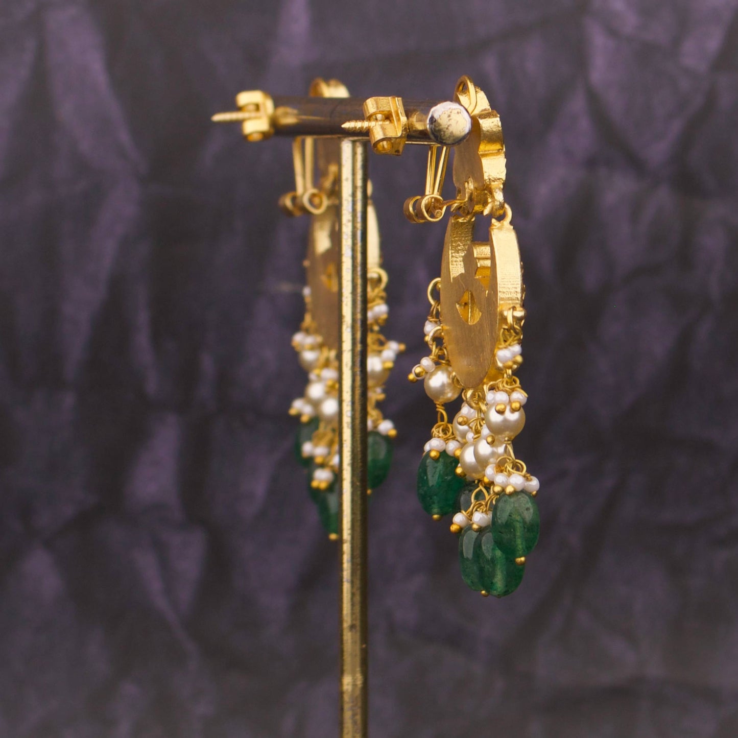 Floral Design Jadau Kundan Chandbali Earrings With Emerald Beads