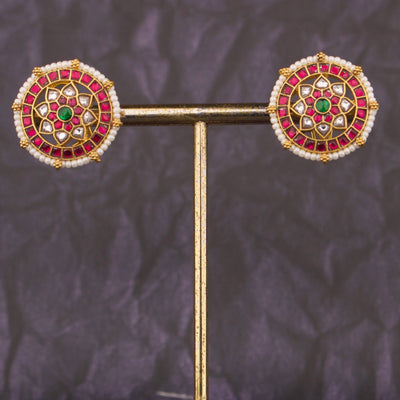 Floral Design Jadau Kundan Stud Earrings With Pearl Bordering