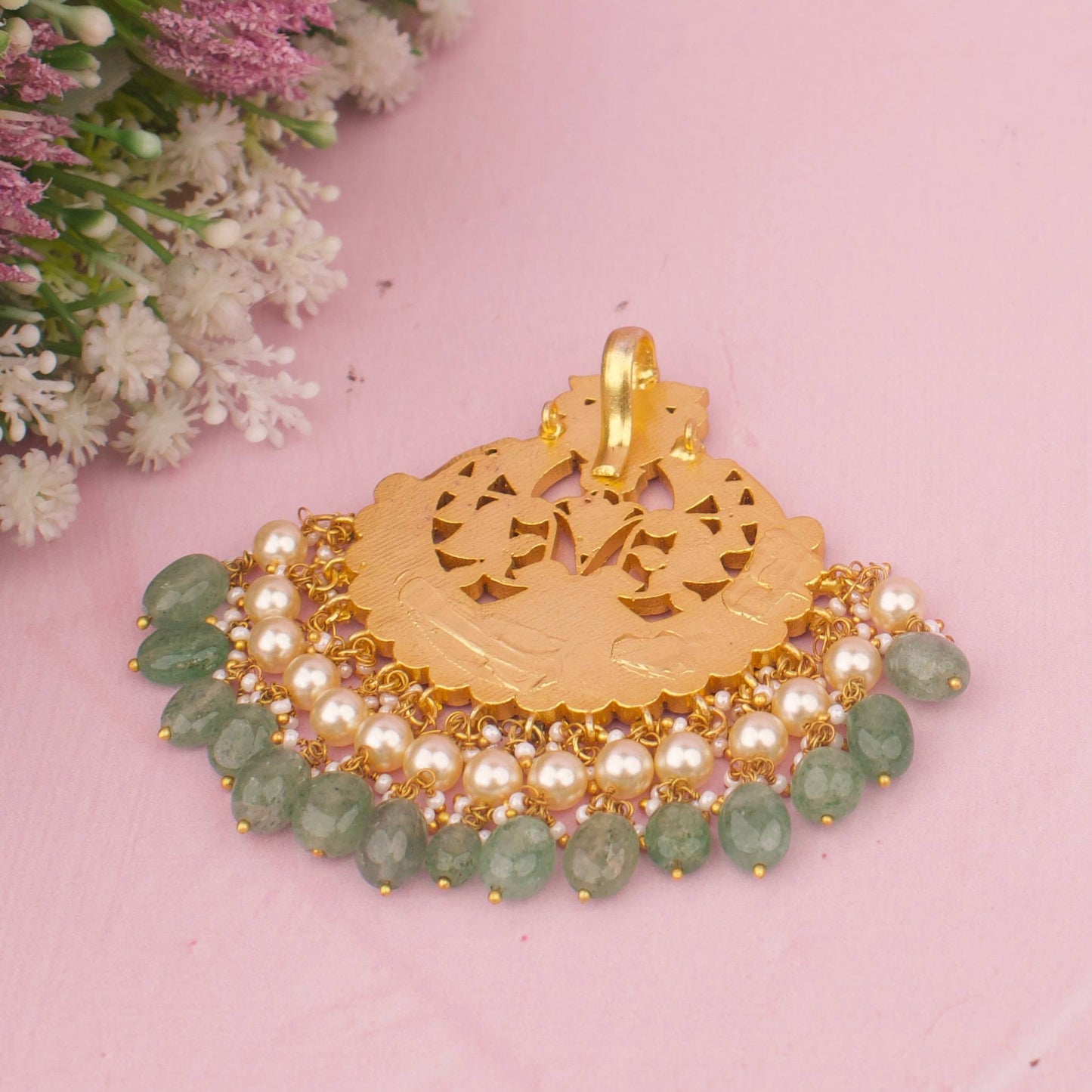 Timeless Big Jadau Kundan Pendant With Pearl And Beads Hanging