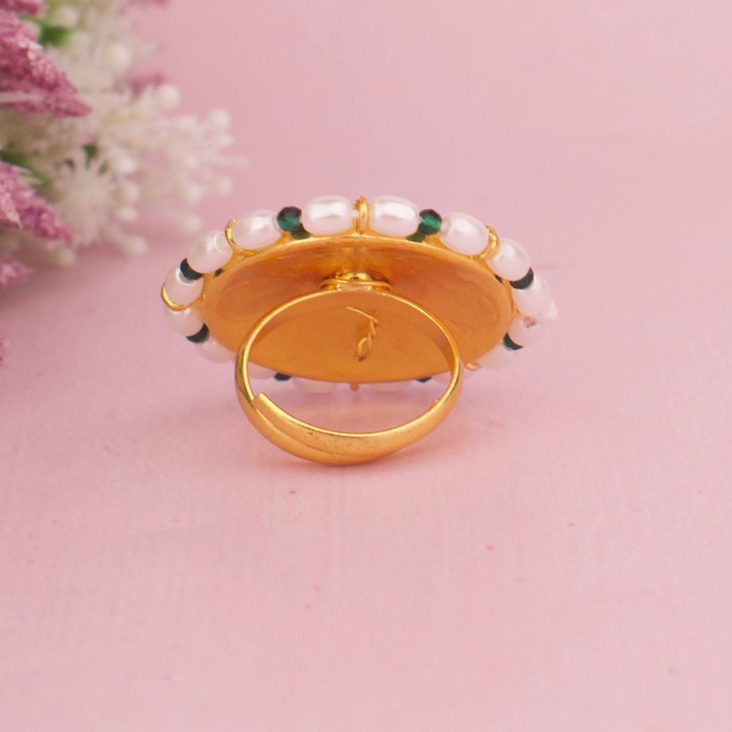 Designer Jadau Kundan Floral Ring With Pearl Border