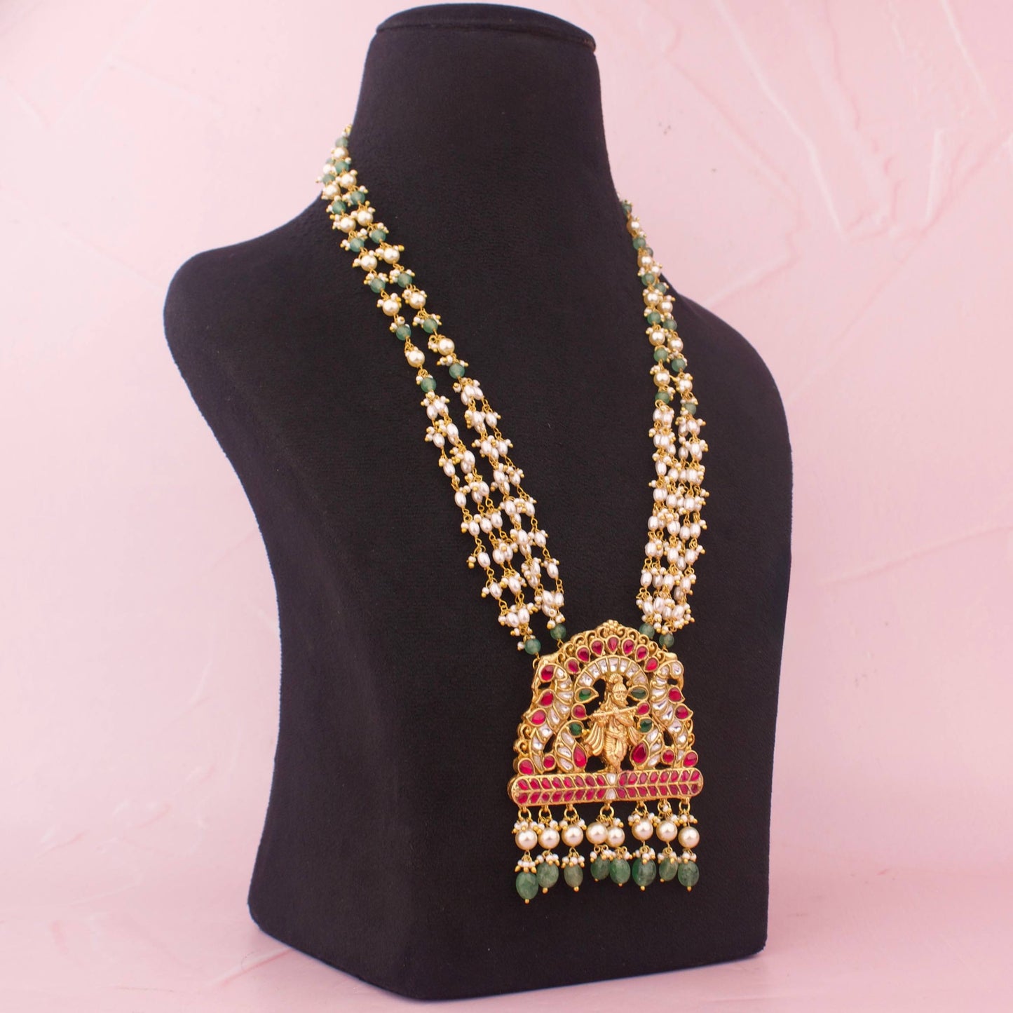 Imperial Long Haar Necklace With Flute-Playing Krishna Pendant In Jadau Kundan