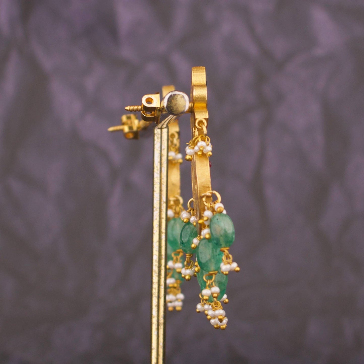 Ethnic Jadau Kundan Chandbali Earrings With Emerald Beads