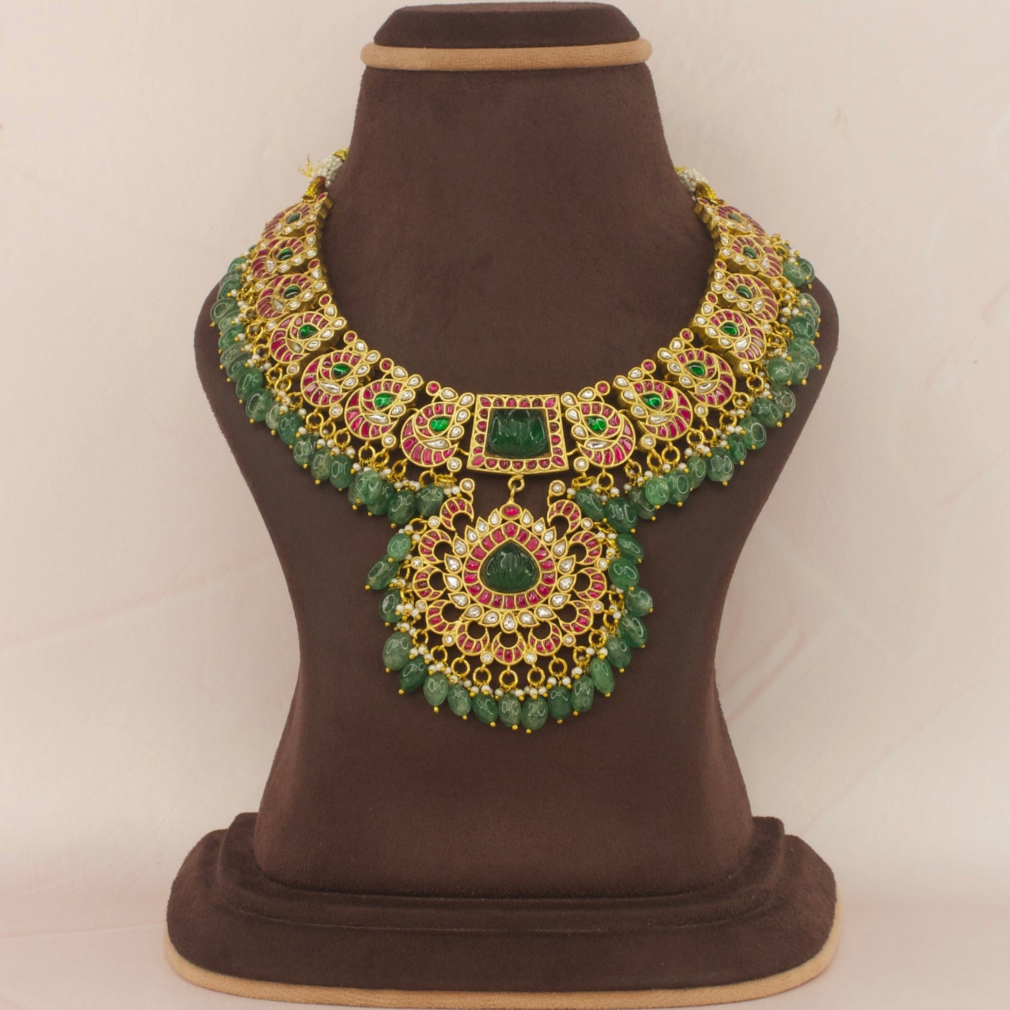 Elegant Jadau Kundan Necklace with Emerald Bead Accents with 22k Gold plating