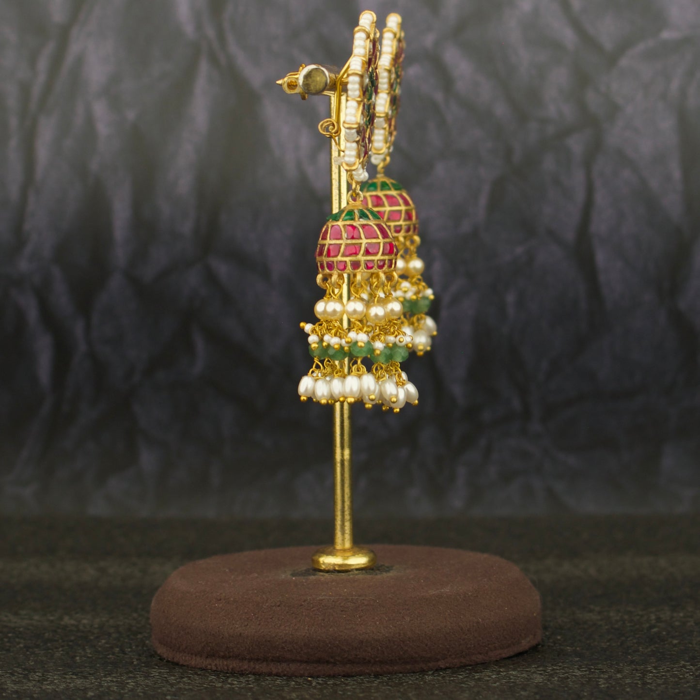 Charming Floral Studded Jadau Kundan Jhumki With Guttapusalu Hangings