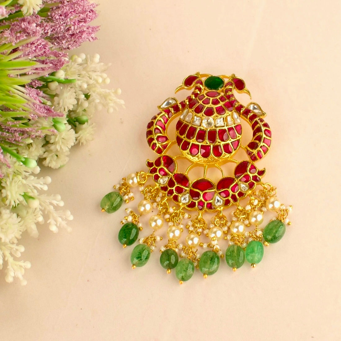 Statement Peacock Design Jadau Kundan Locket with Green Beads