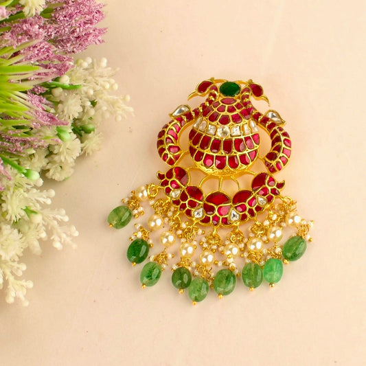 Statement Peacock Design Jadau Kundan Locket with Green Beads