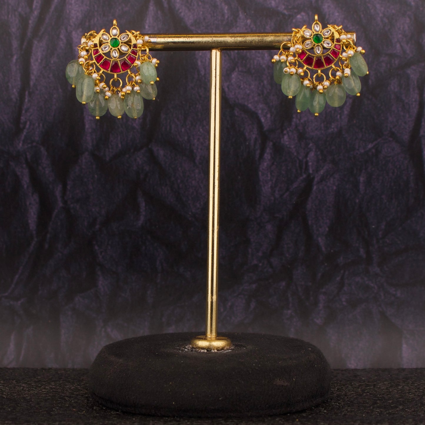 Unique Chand Design Jadau Kundan Studs With Green Beads Hanging - DULHAN JEWELS