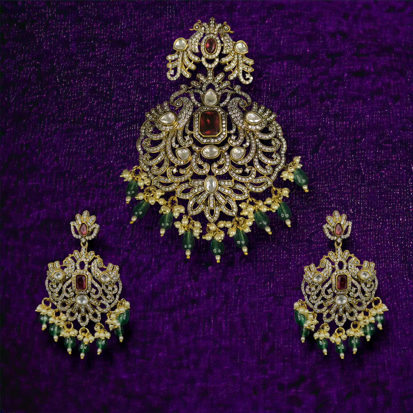 Heavy Victorian Pendant Set with pearls & onyx beads - DULHAN JEWELS