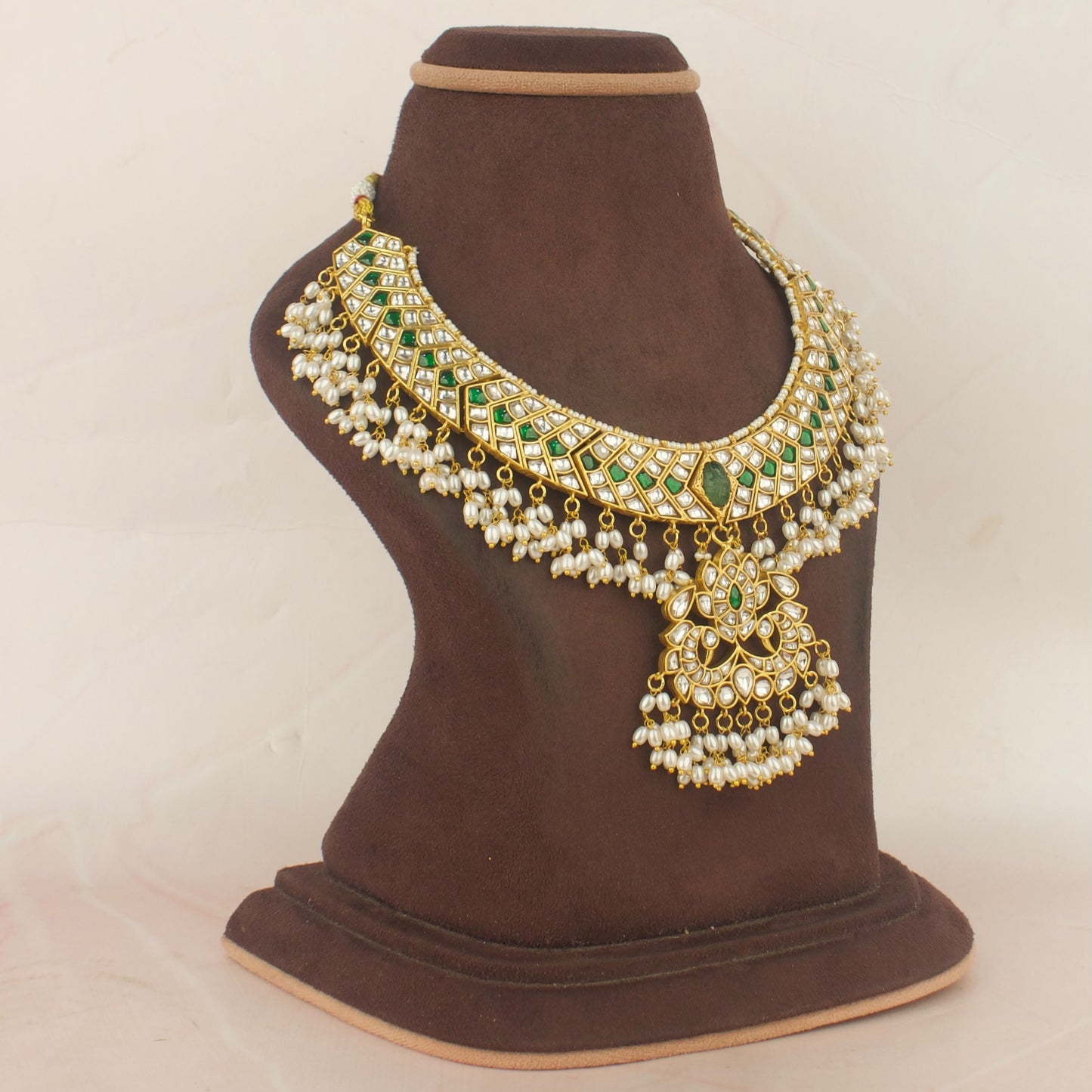 Grand Gold Style Jadau Kundan Necklace with White Beads