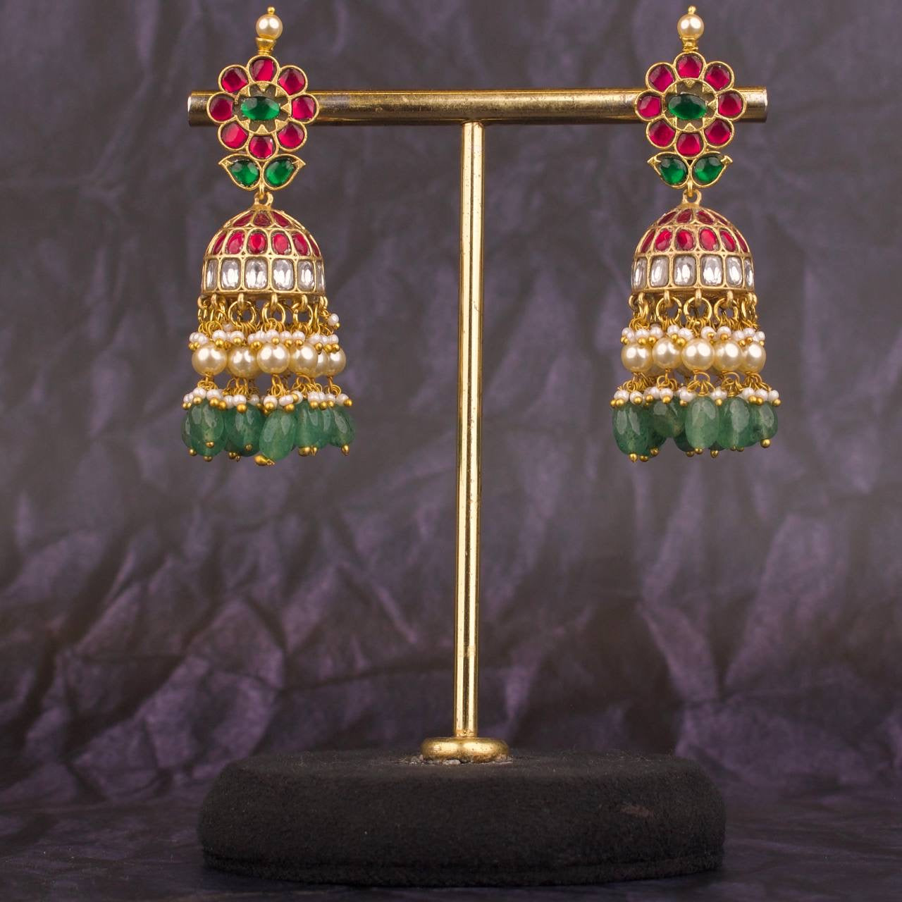 Floral Studded Jadau Kundan Bridal Jhumki Earrings With Guttapusalu Hangings
