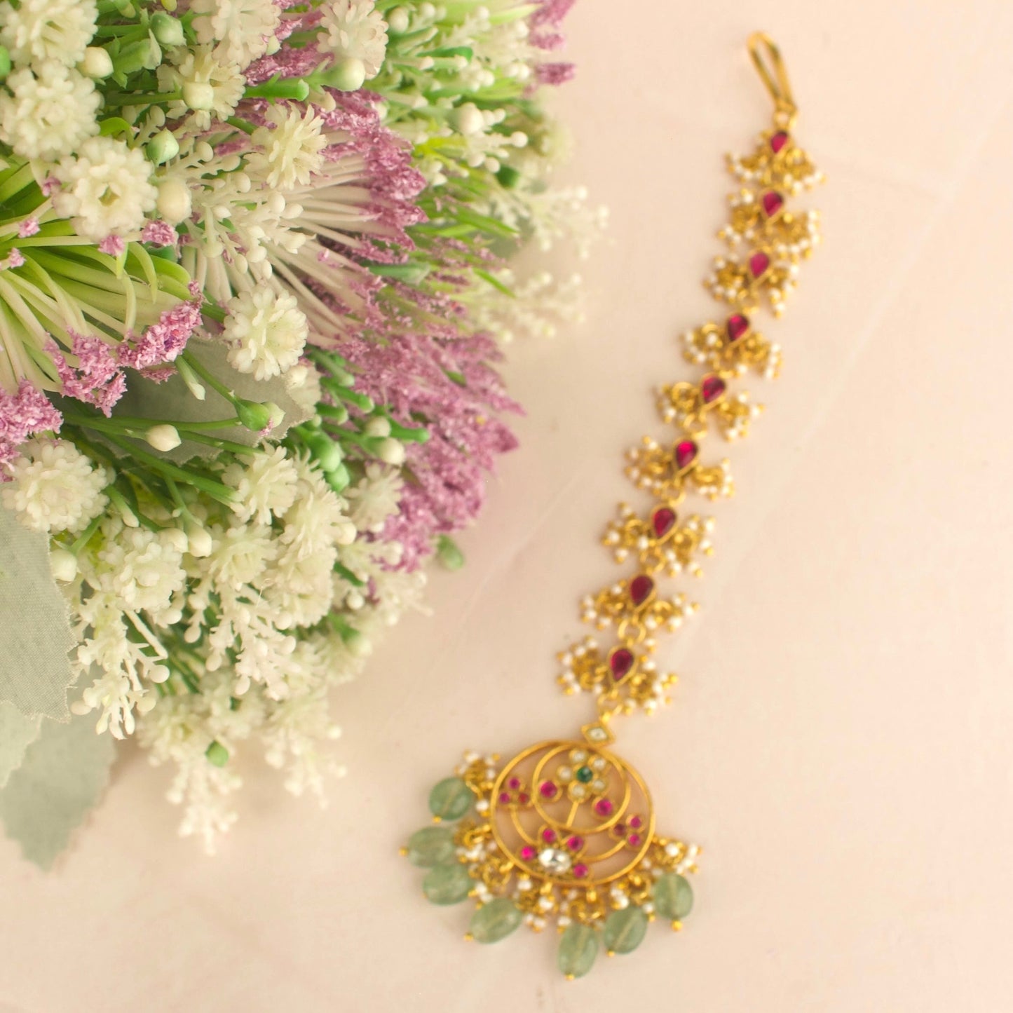 Gold Style Floral Design Jadau Kundan Long Maang Tikka