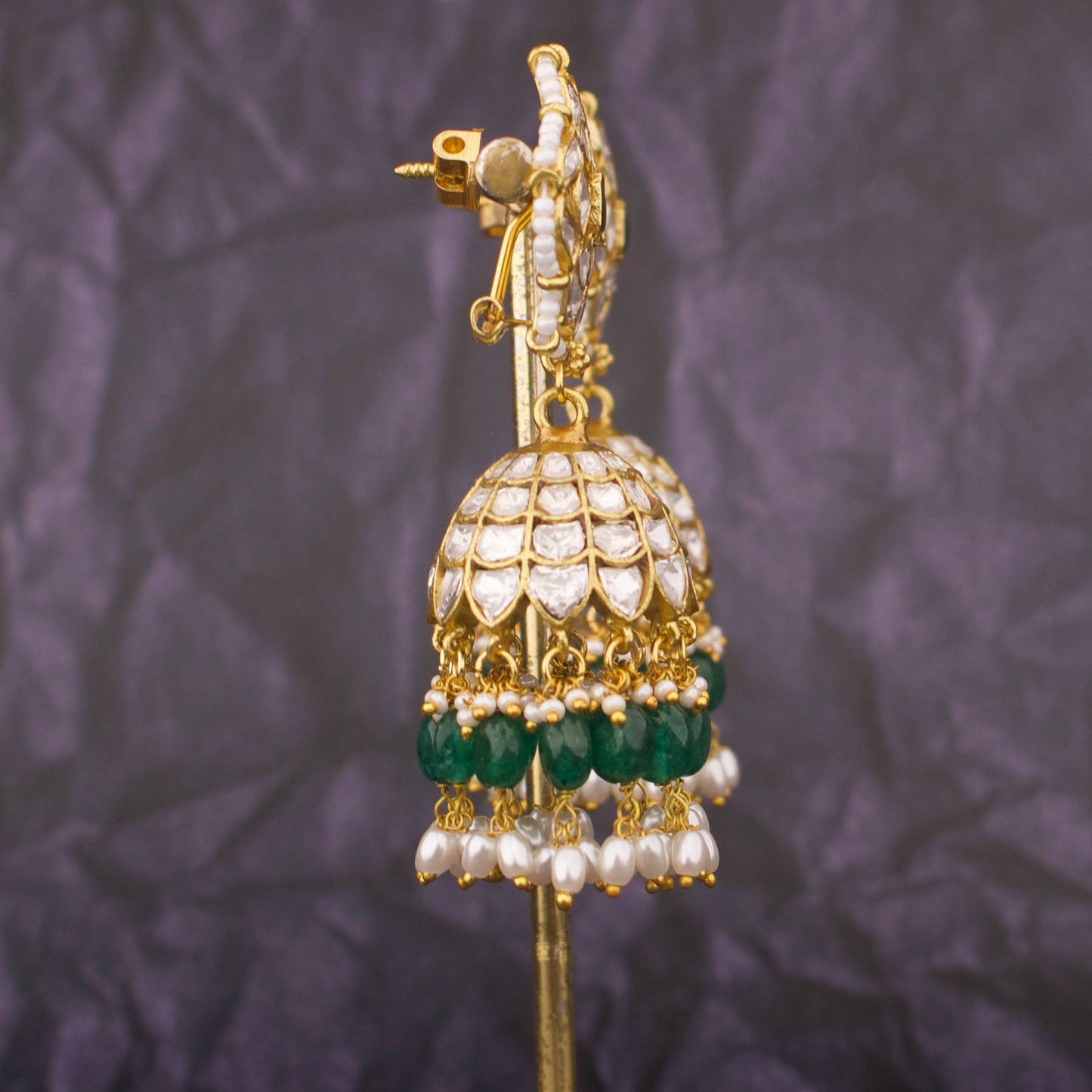 Lavish Jadau Kundan Jhumka Earrings With Green Beads And Pearl Drops