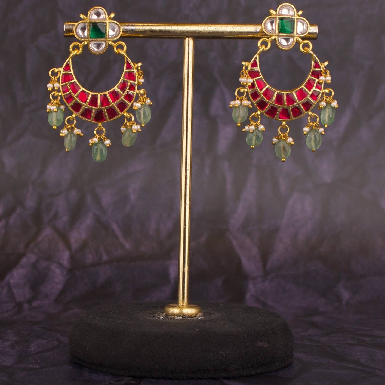 Floral Studded Sleek Jadau Kundan Chandbali Hanging Earrings