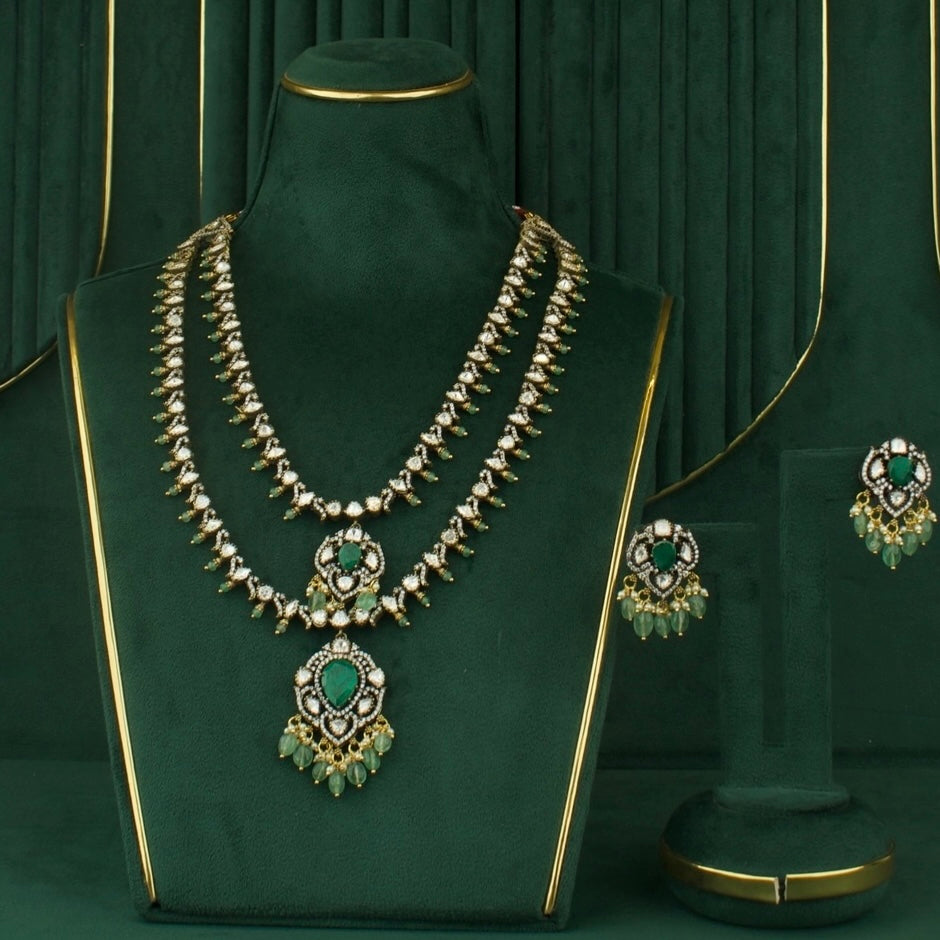 Sleek Design Fusion Kundan & Polki Victorian Double Layer Haram With Matching Earrings