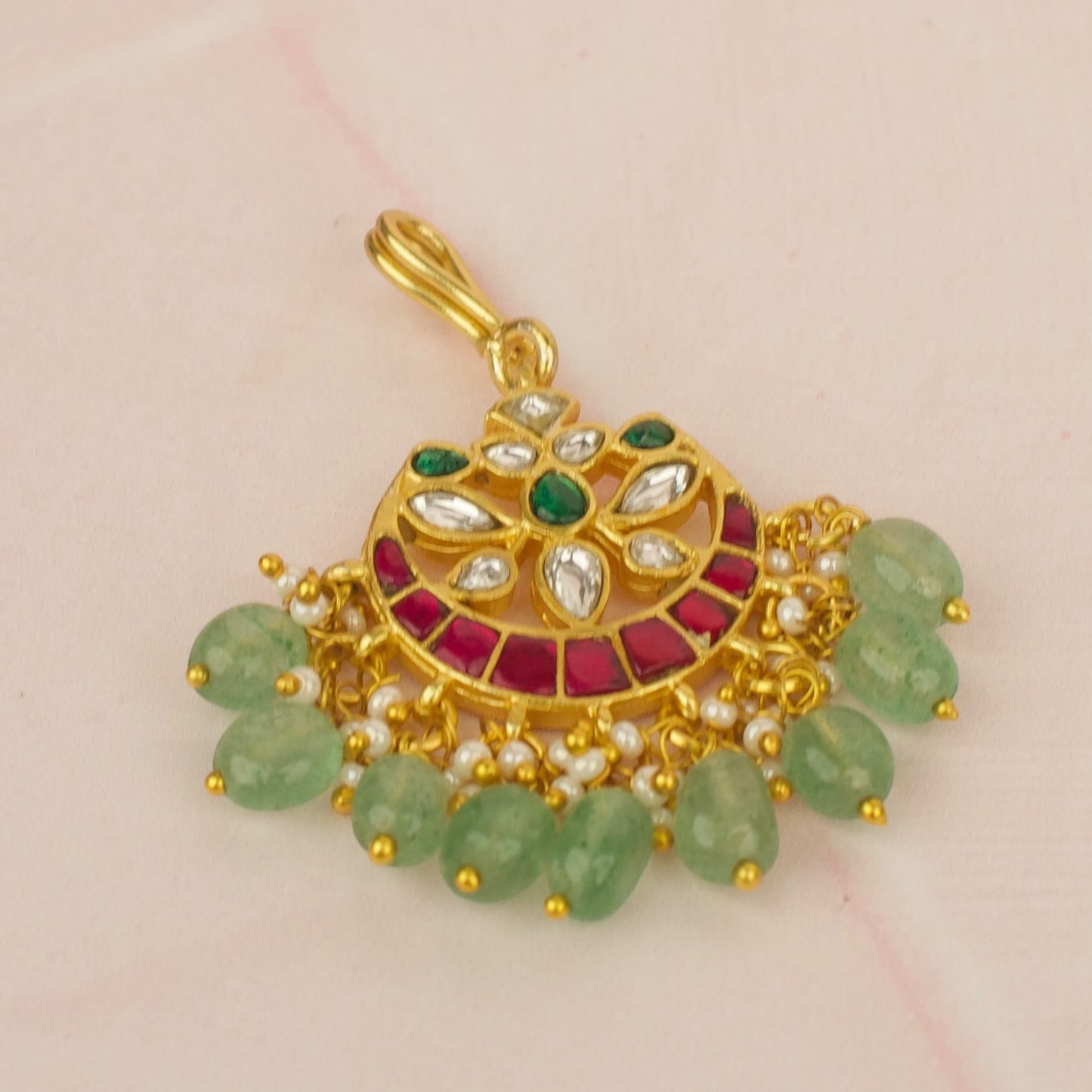 Elegant Jadau Kundan Maangtika with Green Bead Drops