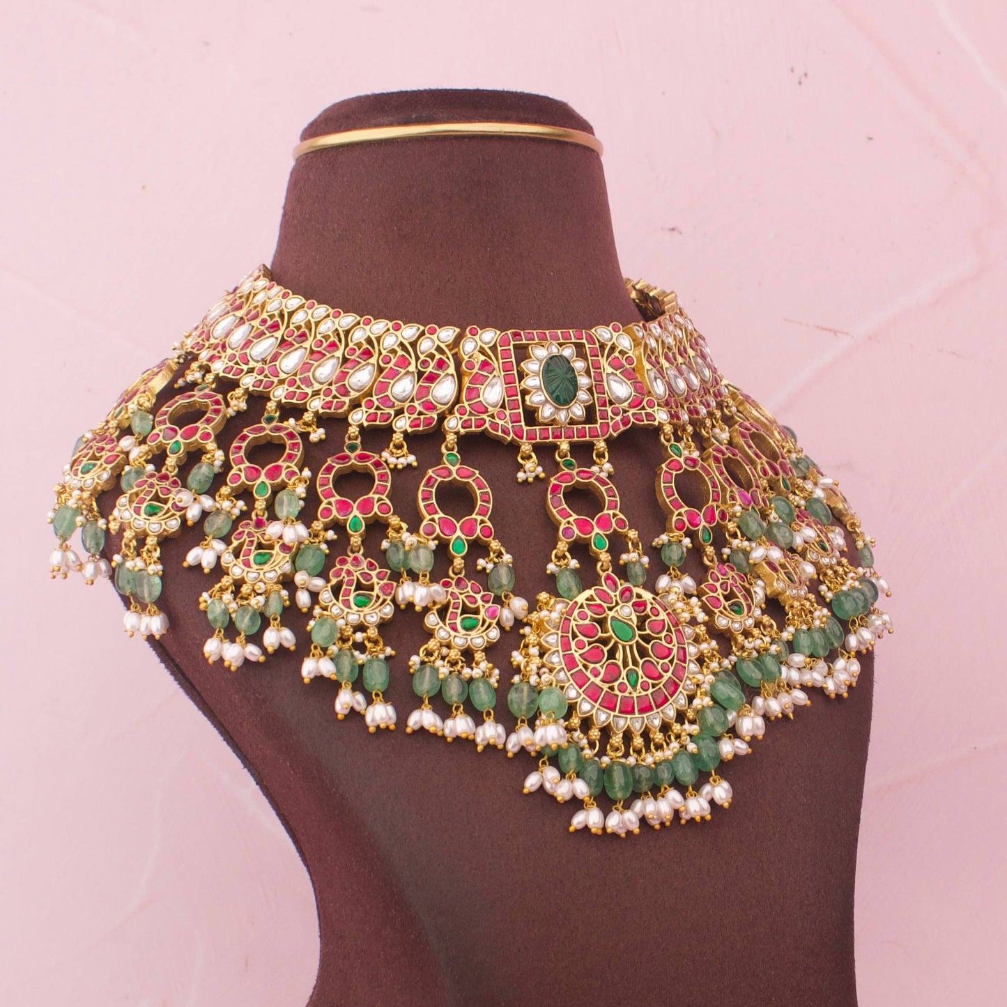 Royal Jadau Kundan Bridal Choker With Emerald And Pearl Drops