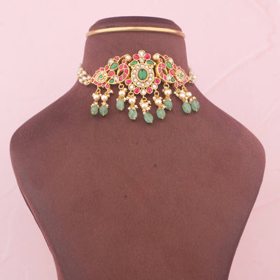 Green Emerald Jadau Kundan Choker With Pearl Drops - Handcrafted Indian Bridal Jewelry by Dulhan Jewels