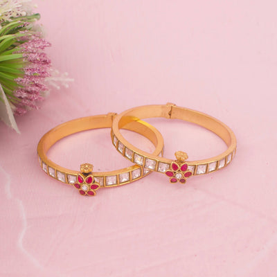 Gold Finish Jadau Kundan Bangles With Floral Center Motif
