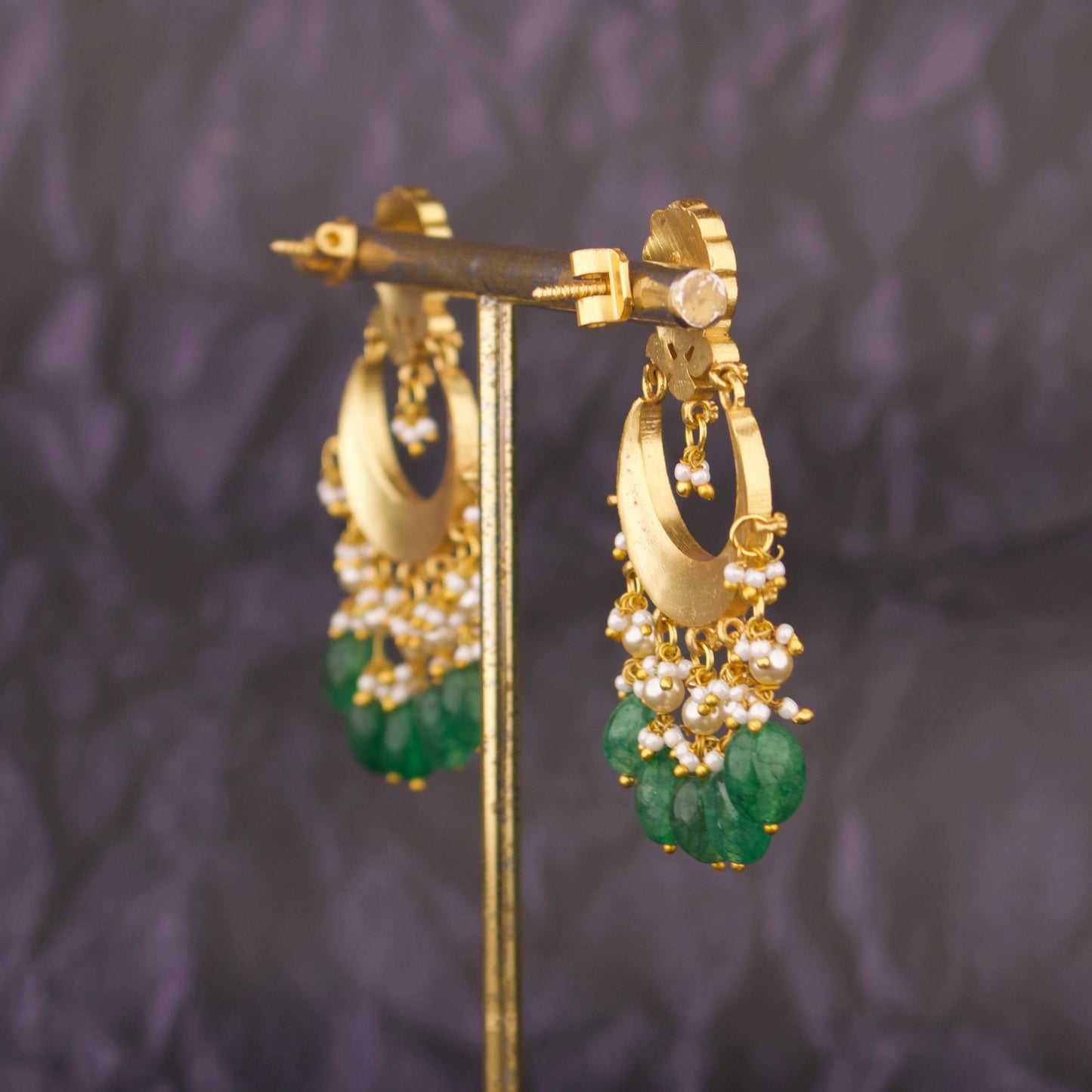 Traditional Jadau Kundan Chandbali Earrings With Emerald Beads