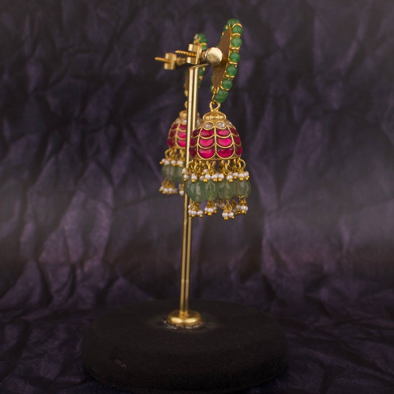 Beads Bordered Studded Jadau Kundan Jhumki Earrings