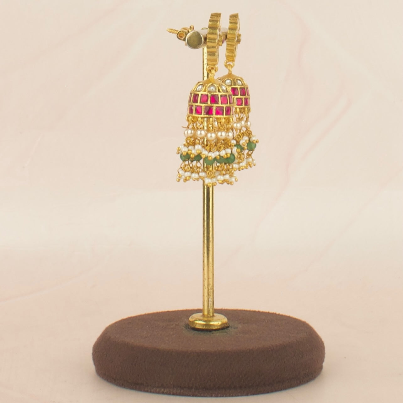 Gold Style Floral Design Studded Jadau Kundan Jhumki with Beads Hanging