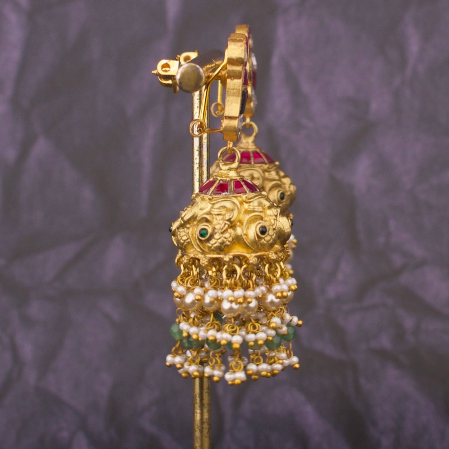 Temple Peacock Motif Antique Gold Jhumka Earrings With Jadau Kundan Stud And Pearl Drops