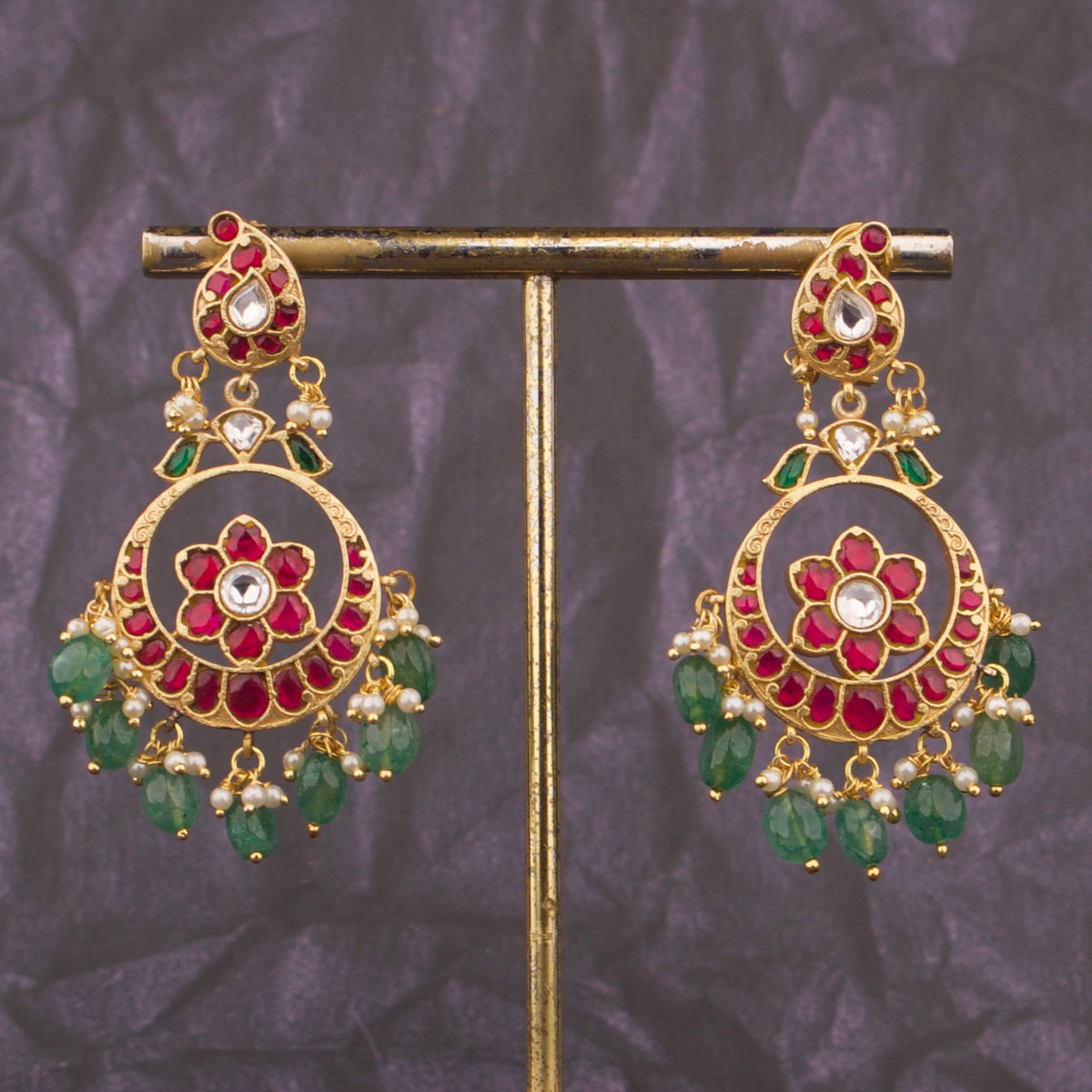 Jadau Kundan Floral Chandbali Earrings Craftsmanship & Detail View - Dulhan Jewels