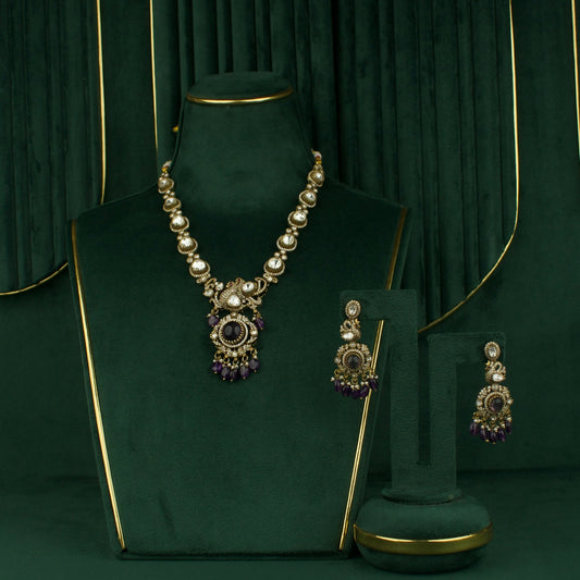 Royal Victorian Polki Necklace Set with Gemstone Accents