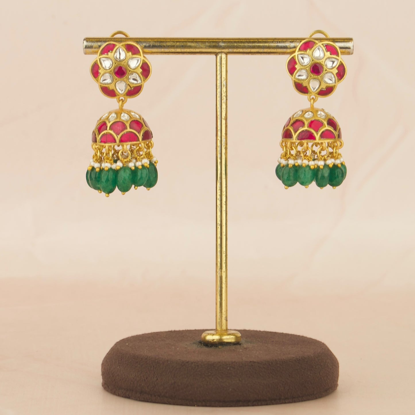 Floral Design Studded Jadau Kundan Jhumki with Green Beads