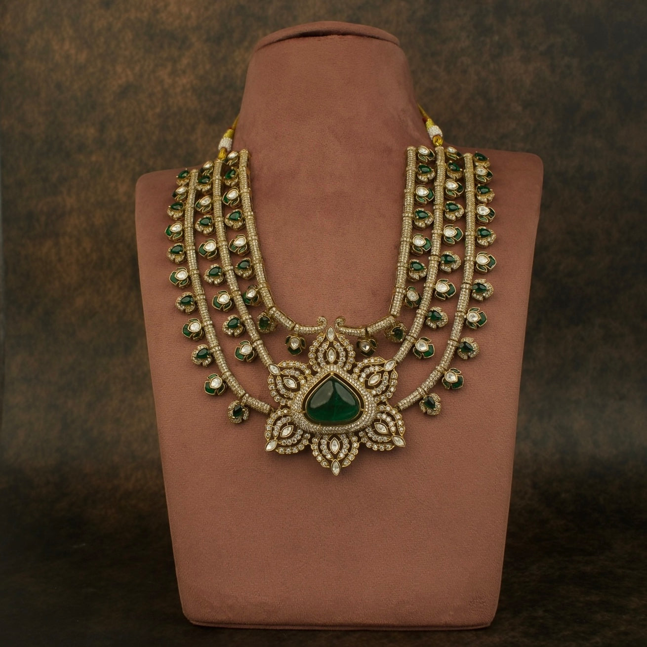 Majestic Multi-Layered Victorian Polki Necklace Set with Green Stones